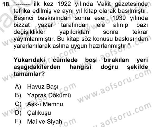 Yeni Türk Edebiyatına Giriş 1 Dersi 2021 - 2022 Yılı (Final) Dönem Sonu Sınav Soruları 18. Soru