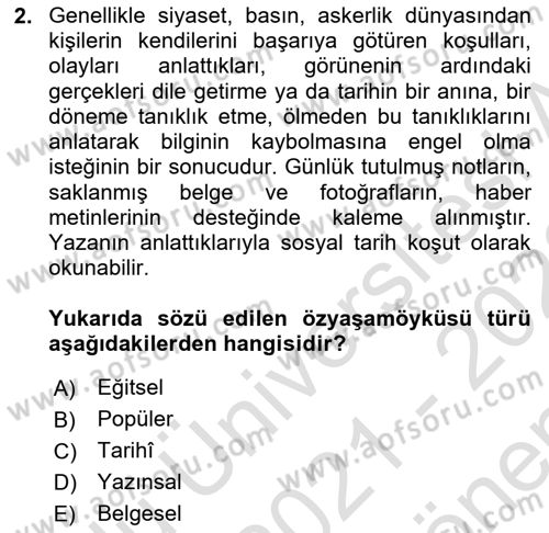 Yeni Türk Edebiyatına Giriş 1 Dersi 2021 - 2022 Yılı (Final) Dönem Sonu Sınav Soruları 2. Soru