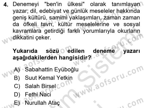 Yeni Türk Edebiyatına Giriş 1 Dersi 2021 - 2022 Yılı (Final) Dönem Sonu Sınav Soruları 4. Soru