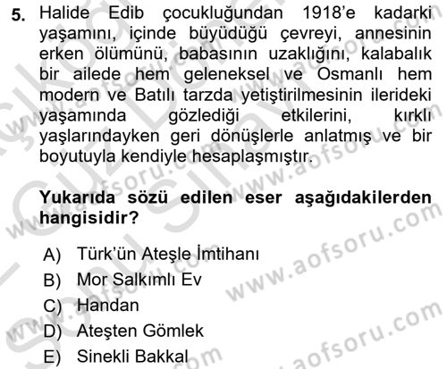 Yeni Türk Edebiyatına Giriş 1 Dersi 2021 - 2022 Yılı (Final) Dönem Sonu Sınav Soruları 5. Soru