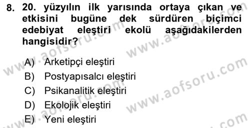 Yeni Türk Edebiyatına Giriş 1 Dersi 2021 - 2022 Yılı (Final) Dönem Sonu Sınav Soruları 8. Soru