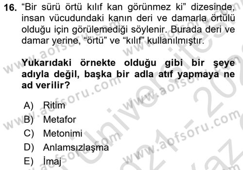 Yeni Türk Edebiyatına Giriş 1 Dersi 2021 - 2022 Yılı Yaz Okulu Sınav Soruları 16. Soru