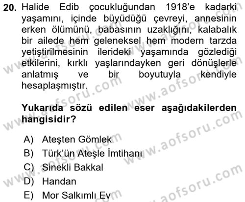 Yeni Türk Edebiyatına Giriş 1 Dersi 2021 - 2022 Yılı Yaz Okulu Sınav Soruları 20. Soru