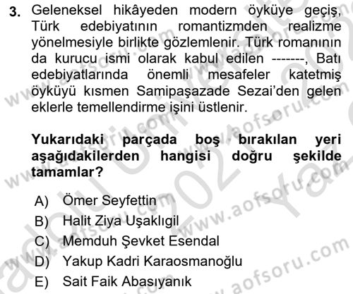 Yeni Türk Edebiyatına Giriş 1 Dersi 2021 - 2022 Yılı Yaz Okulu Sınav Soruları 3. Soru