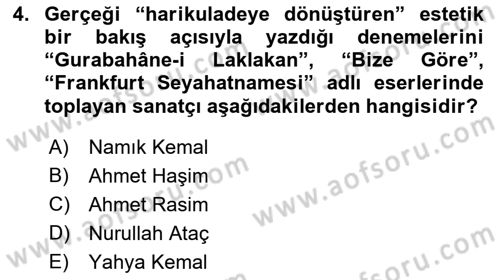 Yeni Türk Edebiyatına Giriş 1 Dersi 2021 - 2022 Yılı Yaz Okulu Sınav Soruları 4. Soru
