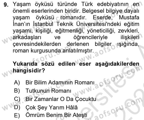 Yeni Türk Edebiyatına Giriş 1 Dersi 2021 - 2022 Yılı Yaz Okulu Sınav Soruları 9. Soru