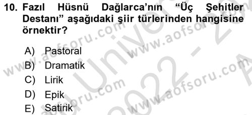Yeni Türk Edebiyatına Giriş 1 Dersi Ara Sınavı Deneme Sınav Soruları 10. Soru