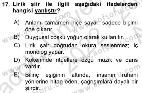 Yeni Türk Edebiyatına Giriş 1 Dersi Ara Sınavı Deneme Sınav Soruları 17. Soru