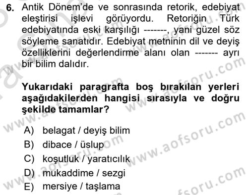 Yeni Türk Edebiyatına Giriş 1 Dersi Ara Sınavı Deneme Sınav Soruları 6. Soru