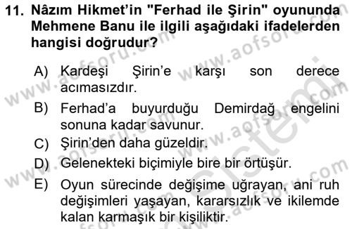 Yeni Türk Edebiyatına Giriş 1 Dersi 2022 - 2023 Yılı (Final) Dönem Sonu Sınav Soruları 11. Soru