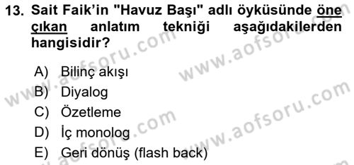 Yeni Türk Edebiyatına Giriş 1 Dersi 2022 - 2023 Yılı (Final) Dönem Sonu Sınav Soruları 13. Soru