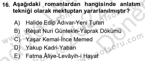 Yeni Türk Edebiyatına Giriş 1 Dersi 2022 - 2023 Yılı (Final) Dönem Sonu Sınav Soruları 16. Soru