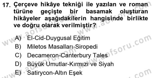 Yeni Türk Edebiyatına Giriş 1 Dersi 2022 - 2023 Yılı (Final) Dönem Sonu Sınav Soruları 17. Soru