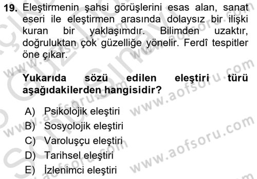 Yeni Türk Edebiyatına Giriş 1 Dersi 2022 - 2023 Yılı (Final) Dönem Sonu Sınav Soruları 19. Soru