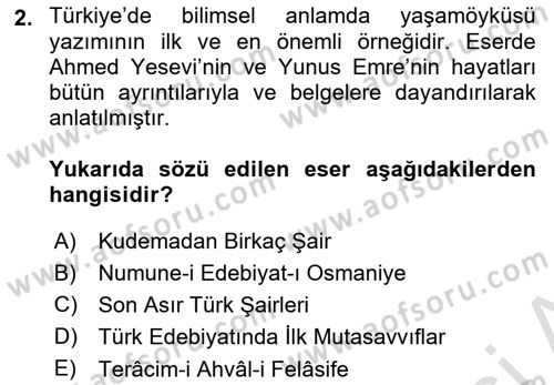 Yeni Türk Edebiyatına Giriş 1 Dersi 2022 - 2023 Yılı (Final) Dönem Sonu Sınav Soruları 2. Soru