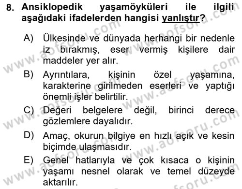 Yeni Türk Edebiyatına Giriş 1 Dersi 2022 - 2023 Yılı (Final) Dönem Sonu Sınav Soruları 8. Soru