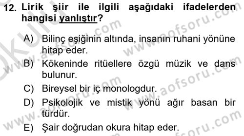 Yeni Türk Edebiyatına Giriş 1 Dersi 2022 - 2023 Yılı Yaz Okulu Sınav Soruları 12. Soru