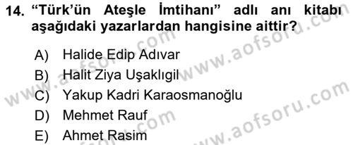 Yeni Türk Edebiyatına Giriş 1 Dersi 2022 - 2023 Yılı Yaz Okulu Sınav Soruları 14. Soru