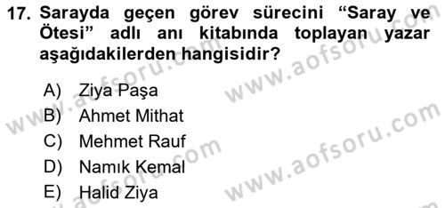 Yeni Türk Edebiyatına Giriş 1 Dersi 2022 - 2023 Yılı Yaz Okulu Sınav Soruları 17. Soru