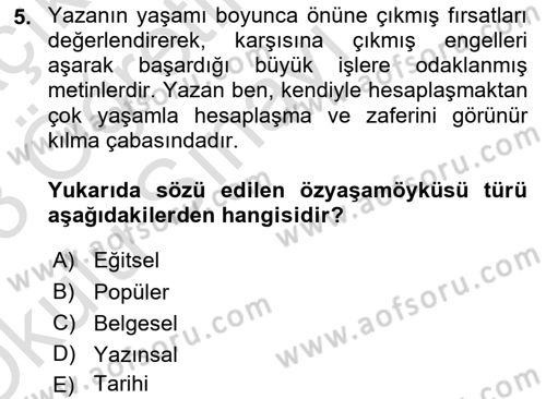 Yeni Türk Edebiyatına Giriş 1 Dersi 2022 - 2023 Yılı Yaz Okulu Sınav Soruları 5. Soru