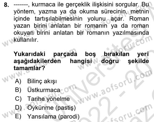 Yeni Türk Edebiyatına Giriş 1 Dersi 2022 - 2023 Yılı Yaz Okulu Sınav Soruları 8. Soru