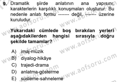 Yeni Türk Edebiyatına Giriş 1 Dersi 2022 - 2023 Yılı Yaz Okulu Sınav Soruları 9. Soru