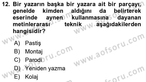 Yeni Türk Edebiyatına Giriş 1 Dersi Ara Sınavı Deneme Sınav Soruları 12. Soru