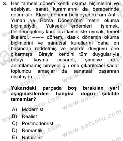 Yeni Türk Edebiyatına Giriş 1 Dersi Ara Sınavı Deneme Sınav Soruları 3. Soru