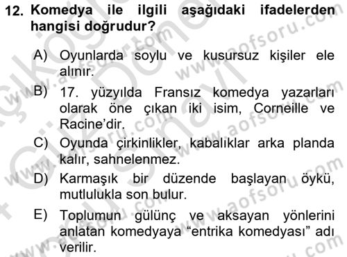 Yeni Türk Edebiyatına Giriş 1 Dersi 2023 - 2024 Yılı (Final) Dönem Sonu Sınav Soruları 12. Soru