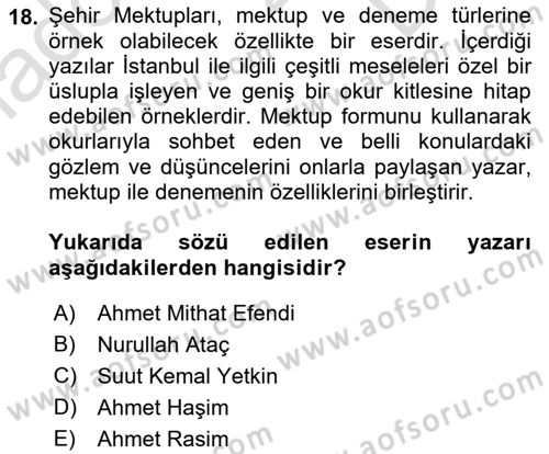Yeni Türk Edebiyatına Giriş 1 Dersi 2023 - 2024 Yılı (Final) Dönem Sonu Sınav Soruları 18. Soru