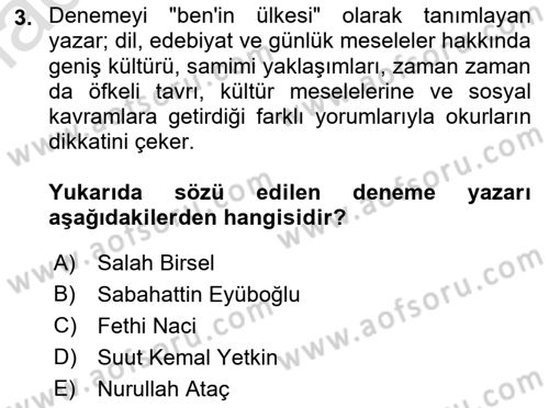 Yeni Türk Edebiyatına Giriş 1 Dersi 2023 - 2024 Yılı (Final) Dönem Sonu Sınav Soruları 3. Soru