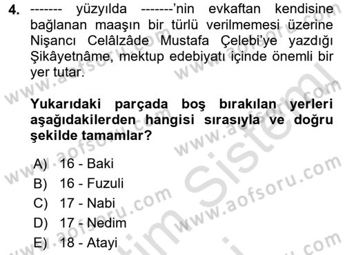 Yeni Türk Edebiyatına Giriş 1 Dersi 2023 - 2024 Yılı (Final) Dönem Sonu Sınav Soruları 4. Soru
