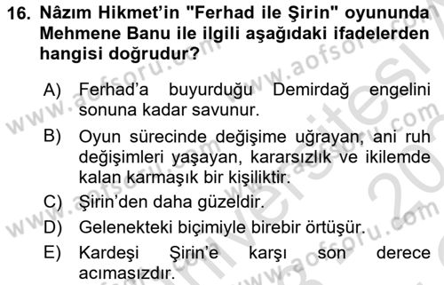 Yeni Türk Edebiyatına Giriş 1 Dersi 2023 - 2024 Yılı Yaz Okulu Sınav Soruları 16. Soru