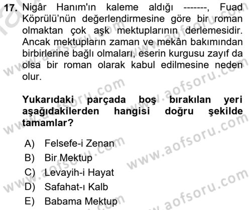 Yeni Türk Edebiyatına Giriş 1 Dersi 2023 - 2024 Yılı Yaz Okulu Sınav Soruları 17. Soru