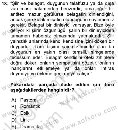 Yeni Türk Edebiyatına Giriş 1 Dersi 2023 - 2024 Yılı Yaz Okulu Sınav Soruları 18. Soru