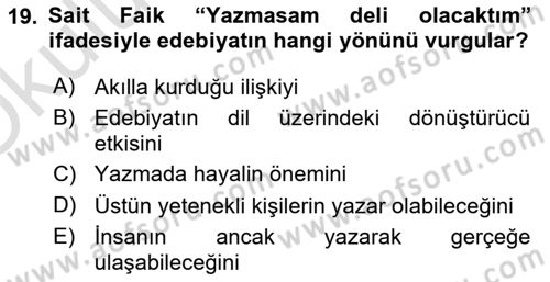Yeni Türk Edebiyatına Giriş 1 Dersi 2023 - 2024 Yılı Yaz Okulu Sınav Soruları 19. Soru