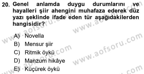 Yeni Türk Edebiyatına Giriş 1 Dersi 2023 - 2024 Yılı Yaz Okulu Sınav Soruları 20. Soru