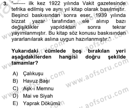 Yeni Türk Edebiyatına Giriş 1 Dersi 2023 - 2024 Yılı Yaz Okulu Sınav Soruları 3. Soru