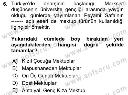 Yeni Türk Edebiyatına Giriş 1 Dersi 2023 - 2024 Yılı Yaz Okulu Sınav Soruları 6. Soru