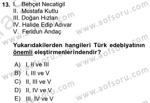 Yeni Türk Edebiyatına Giriş 1 Dersi 2024 - 2025 Yılı (Vize) Ara Sınav Soruları 13. Soru