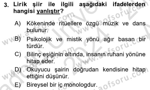 Yeni Türk Edebiyatına Giriş 1 Dersi 2024 - 2025 Yılı (Vize) Ara Sınav Soruları 3. Soru