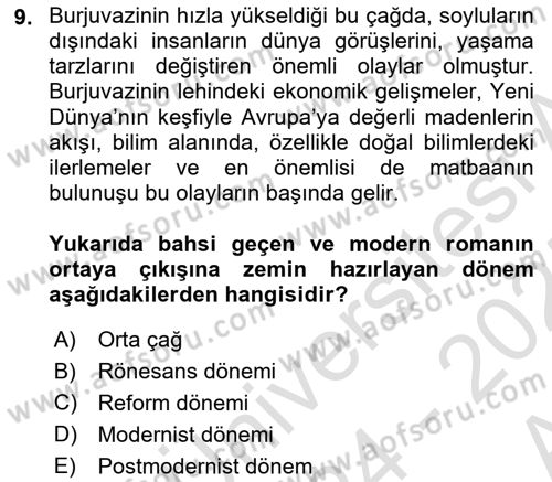 Yeni Türk Edebiyatına Giriş 1 Dersi 2024 - 2025 Yılı (Vize) Ara Sınav Soruları 9. Soru