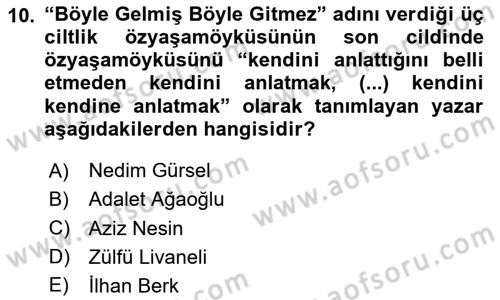 Yeni Türk Edebiyatına Giriş 1 Dersi 2024 - 2025 Yılı (Final) Dönem Sonu Sınav Soruları 10. Soru