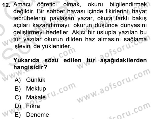 Yeni Türk Edebiyatına Giriş 1 Dersi 2024 - 2025 Yılı (Final) Dönem Sonu Sınav Soruları 12. Soru