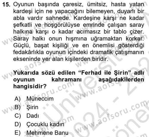 Yeni Türk Edebiyatına Giriş 1 Dersi 2024 - 2025 Yılı (Final) Dönem Sonu Sınav Soruları 15. Soru