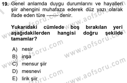 Yeni Türk Edebiyatına Giriş 1 Dersi 2024 - 2025 Yılı (Final) Dönem Sonu Sınav Soruları 19. Soru