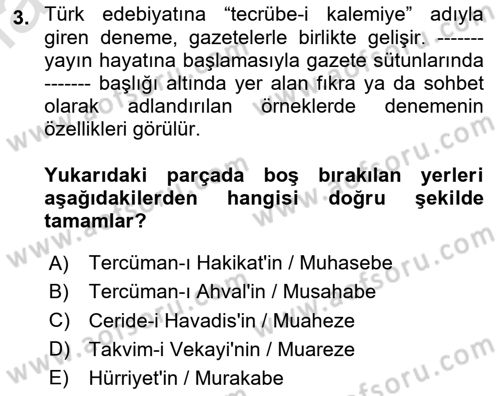 Yeni Türk Edebiyatına Giriş 1 Dersi 2024 - 2025 Yılı (Final) Dönem Sonu Sınav Soruları 3. Soru