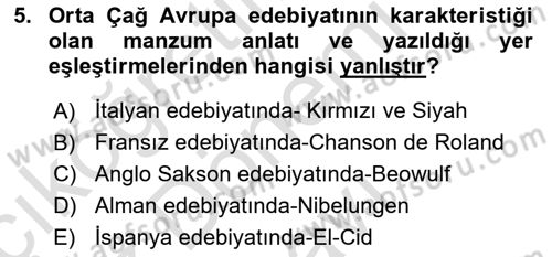 Yeni Türk Edebiyatına Giriş 1 Dersi 2024 - 2025 Yılı (Final) Dönem Sonu Sınav Soruları 5. Soru