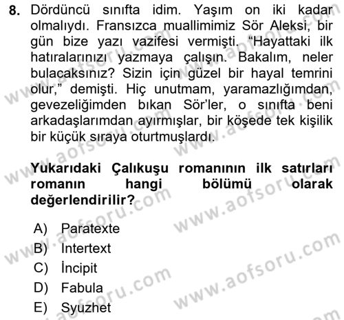 Yeni Türk Edebiyatına Giriş 1 Dersi 2024 - 2025 Yılı (Final) Dönem Sonu Sınav Soruları 8. Soru