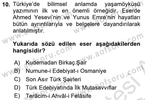 Yeni Türk Edebiyatına Giriş 1 Dersi 2024 - 2025 Yılı Yaz Okulu Sınav Soruları 10. Soru